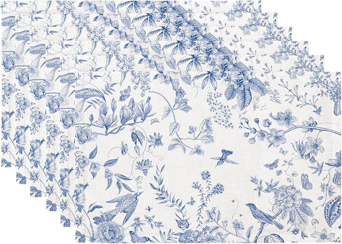 QIYI Boho Table Placemats Set of 6, 12"x18" Linen Place Mats, Blue Garden | Fabric Place Mats for Kitchen Dinning, Farmhouse Rustic Cloth Table Mats, Washable Placemat Party Table Décor