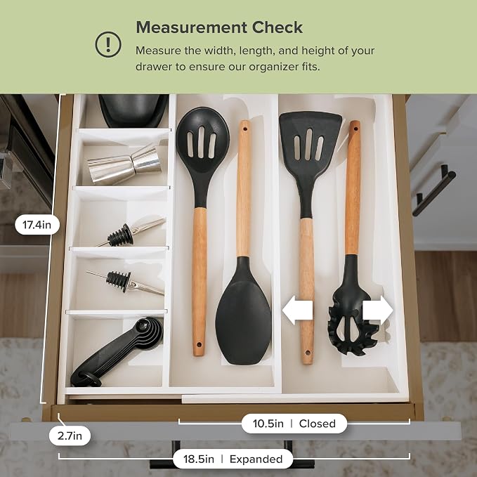 Utensil & Junk Drawer Organizer, 10.5-19 in, White Bamboo | Food-safe contract grade, 100% sustainable wood, non-slip, adjustable