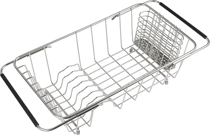 Sink Dish Drainer Rack, Expandable Stainless Steel Dish Drying Rack | 304 Stainless Steel Sink Rack with Utensil Holder, Adjustable 14.96"-20.59", Fits Inside Sink, Holds Up to 7 Upright Utensils