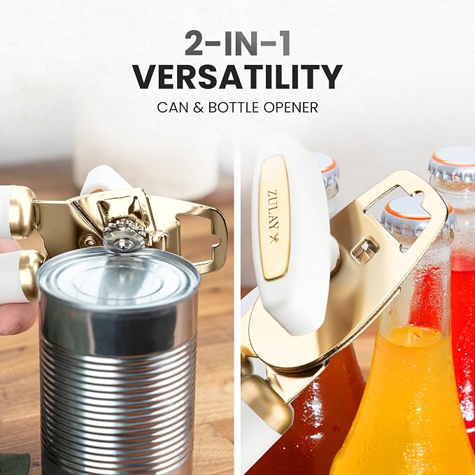 Zulay Kitchen Heavy Duty Stainless Steel Can Opener Manual with Bottle Opener - Rust Proof Manual Can Opener With Turn Knob & Comfy Soft Grip Handles - White & Gold
