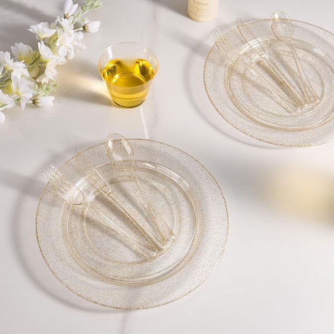 BESTVIP 600PCS Gold Glitter Dinnerware Set for 100 Guests, Plastic Plates | for Party, 100 Gold Glitter Disposable Plates, 100 Dessert Plates, 100 Cups, 100 Spoons, 100 Forks and 100 Knives