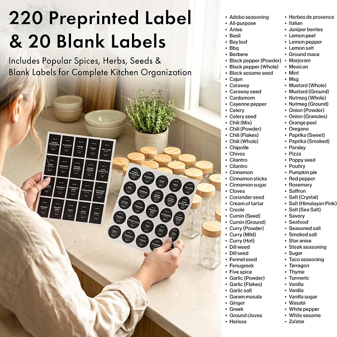 Glass Spice Jars with Label, 36x Bamboo Wooden Lids - Black Labels | Airtight Lids keep spices fresh, Kitchen Spice Drawer Organizer, 4oz Seasoning Containers incl. Funnel, Brush & 240 Labels