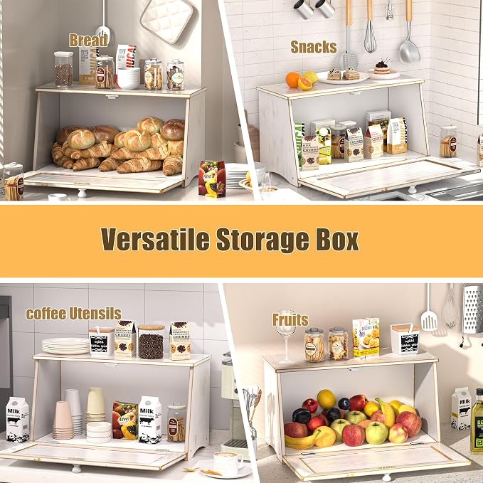 Vintage Bread Box for Kitchen Countertop, Retro Design Bread Storage Container, Farmhouse Wooden Counter Breadbox, Small Bamboo Bread Bin Holder for Homemade Bread, White