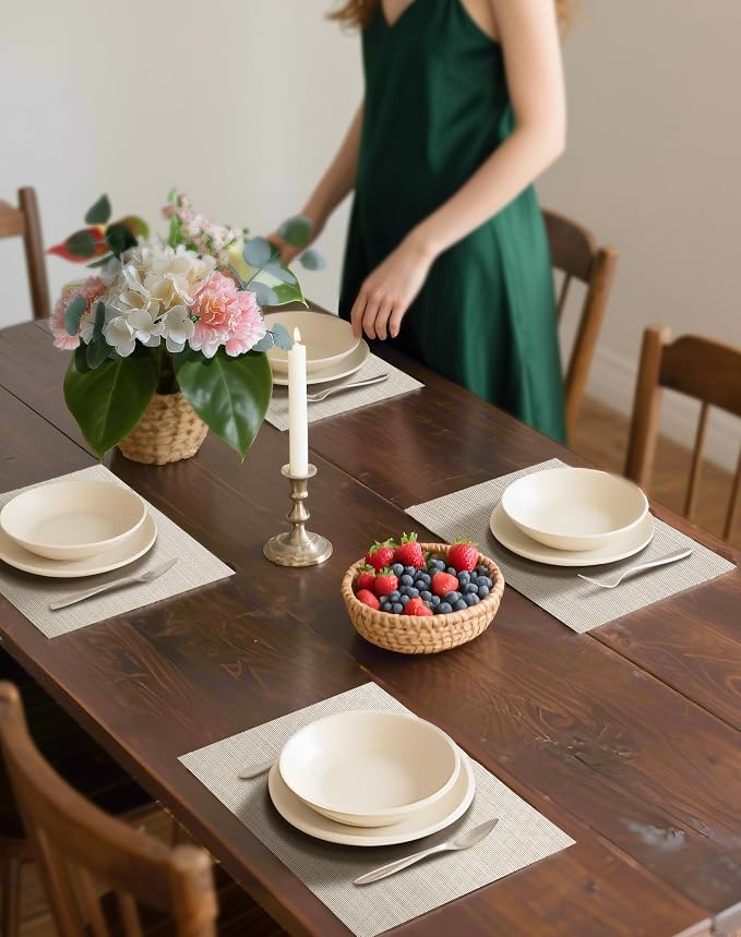 Leetaltree Beige White Placemats Set of 4 - Heat Resistant Non-Slip Place mats for Dining Table, Washable Durable PVC Vinyl Woven Table Mats(Beige White, 4)