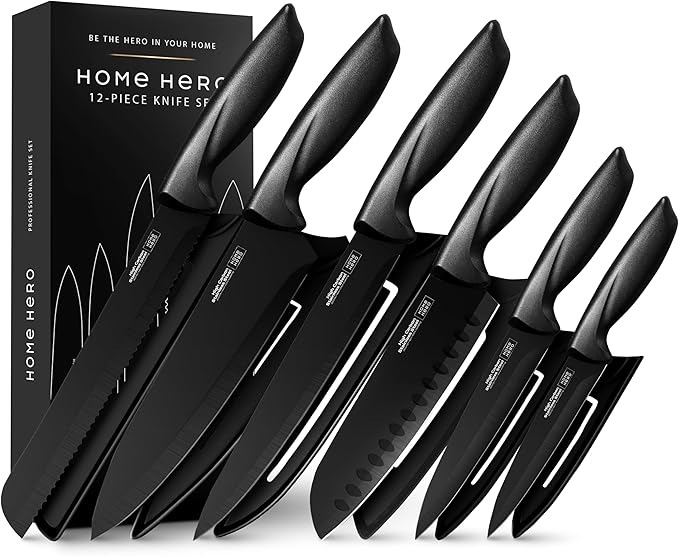Home Hero High Carbon Stainless Steel Knife Set - Chef Knife Set Precision Slicing & Versatility - Nonstick Ceramic Coated Blades & Easy Cleaning - Ergonomic Handles & Secure Grip - 12-Piece, Black | High Carbon Stainless Steel Chef Knife Set - Ceramic...