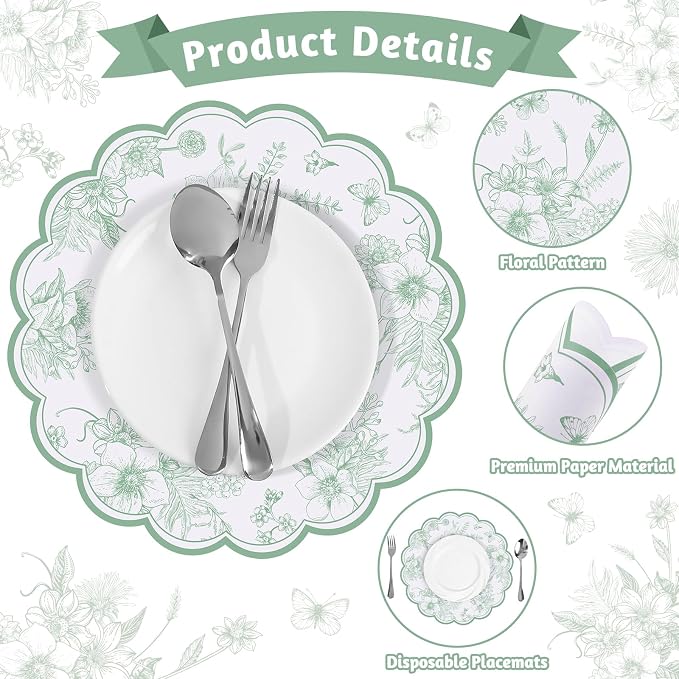 60 Pcs Sage Green Floral Paper Placemat, Disposable Scalloped Table Mat | 13.5 Inch Wedding Placemats,Vintage Floral Banquet Place Mats for Table Setting Wedding Bridal Tea Party Wildflower Party