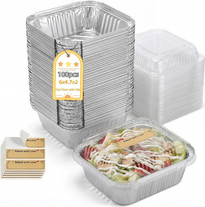 Gyreuni 100 Pack Mini Aluminum Loaf Pans with Lids Kit,6" X 4.7" X 2" | 100 Pack Disposable Aluminum Loaf Pans with Lids and Stickers,idea forBrownies Mini Cakes Meal Prep Oven/Freezer Safe