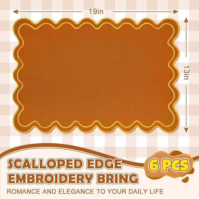 Whaline Orange Yellow Linen Placemats Embroidered Fall Scalloped Kitchen Place Mats for Autumn Birthday Party Home Dining Table Decor, Set of 6, 13 x 19 in