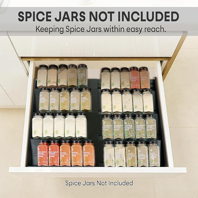 Bamboo Spice Drawer Organizer, 4-Tier Spice Rack for Cabinet | 12"-23" Expandable,No Assembly,Seasoning Storage Insert,(Need 3.1” Deep Drawer) Spice Organizer for Drawer,Jars Not Included