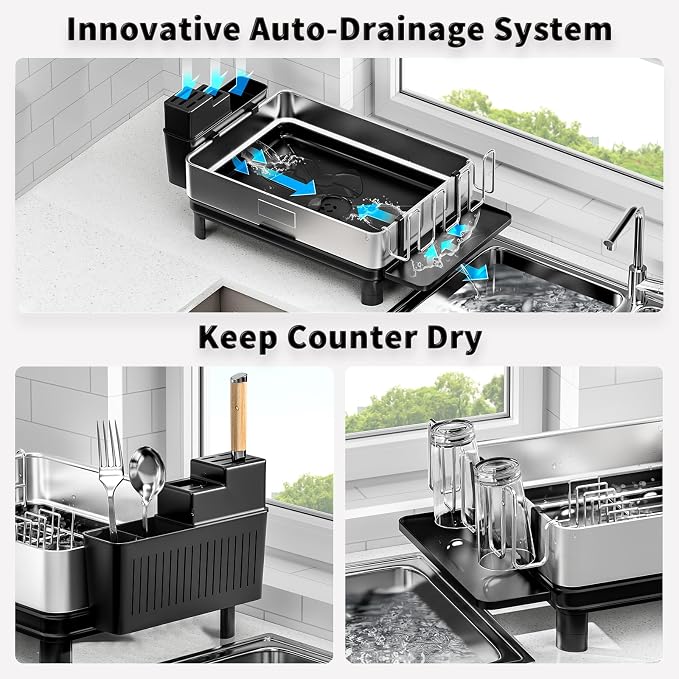 Dish Drying Rack, 304 Stainless Steel Dish Racks for Kitchen Counter | Dish Drainers with Automatic Drainage, Utensil Holder & Cups Holder, Space Saving Kitchen Organizer, Black