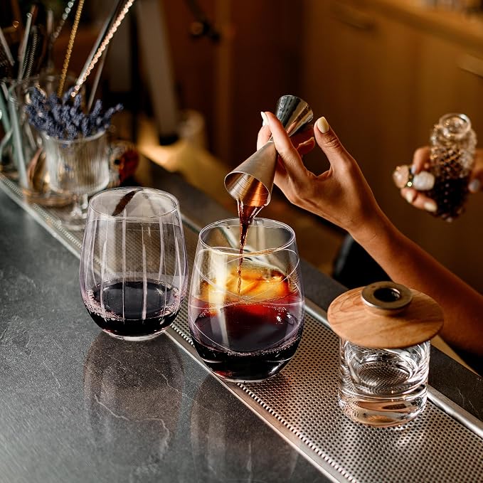 Joeyan Hand Blown Etched Stemless Wine Glasses for Red Wine,Large Carved Drinking Glass Cups Tumblers with Strips Swirls Pattern for Wedding Anniversary Party Home,Set of 2, 17.5 oz, Dishwasher Safe