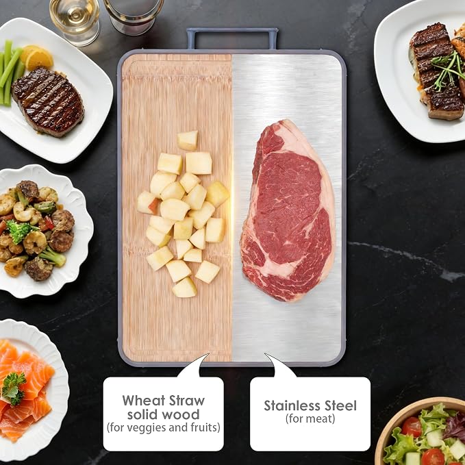 Stainless Steel Cutting Boards for Kitchen, 16"x12" Bamboo Cutting Board Double Sided Food Grade, Pure Titanium/Bamboo Kitchen Gadgets Chopping Board