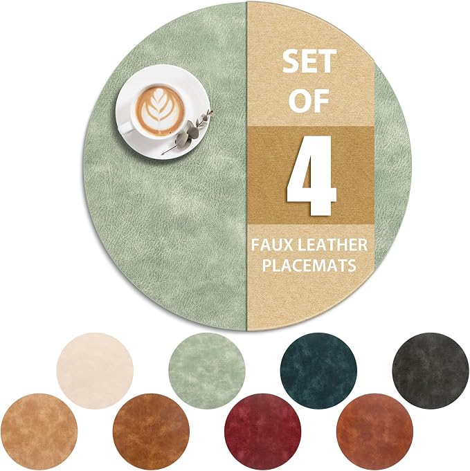 ADRIMER Placemats, Heat Resistant Round Placemats Set of 4 Washable, Waterproof Table Mats, Wipeable Faux Leather Place Mats for Kitchen, Dining Room, Green