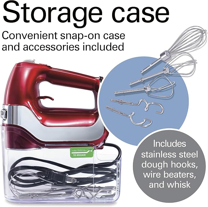 Hamilton Beach Professional 5-Speed Electric Hand Mixer | High-Performance DC Motor | Slow Start | Snap-On Storage Case | Stainless Steel Beaters & Whisk | Red & Chrome| 62653