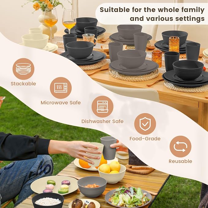 Kitchen Wheat Straw Dinnerware Set 40 PCS - Dinner Plates, Cereal Bowls, Wheat Straw Cups Set, Microwave and Dishwasher Safe Dishes Set, Unbreakable Dish Set for Party, Outdoor(Grey Stone)