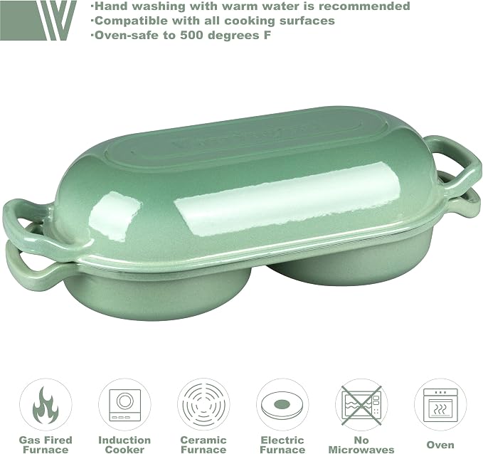Enameled Cast Iron Double Dutch Oven with Lid, Dual Round Loaf Pan, Bread pan for Homemade Sourdough Bread Baking, Sage green