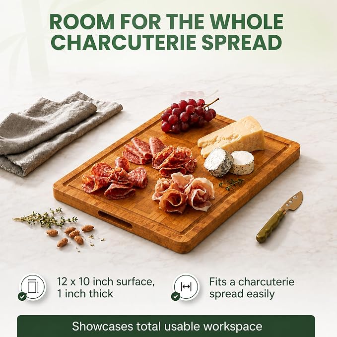 Wood Cutting Boards for Kitchen with Juice Groove, Eco-Friendly Wooden Bamboo Chopping board, Food-Safe, Non Plastic Tabla Para, Carbonized Butcher Block for Meat, Veggies Fruits, Small
