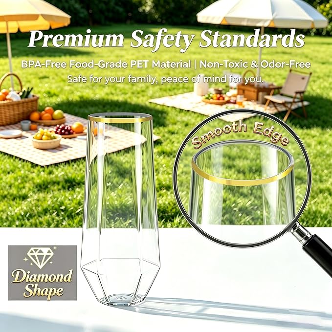 Lueumxc 56 Pack Plastic Wine Glasses Disposable Diamond Champagne Flutes, 32 Pcs 9 OZ Stemless Champagne Flutes & 24 Pcs 12 OZ Disposable Wine Glasses, BPA-Free