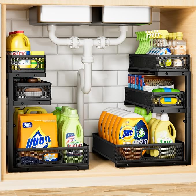 Under Sink Organizer 3 Tier, 4 Pack L-Shaped Pull-Out Cabinet Organizer with Sliding Metal Mesh Drawers, Height Adjustable Under Sink Storage Rack for Kitchen Bathroom Cabinet, Black