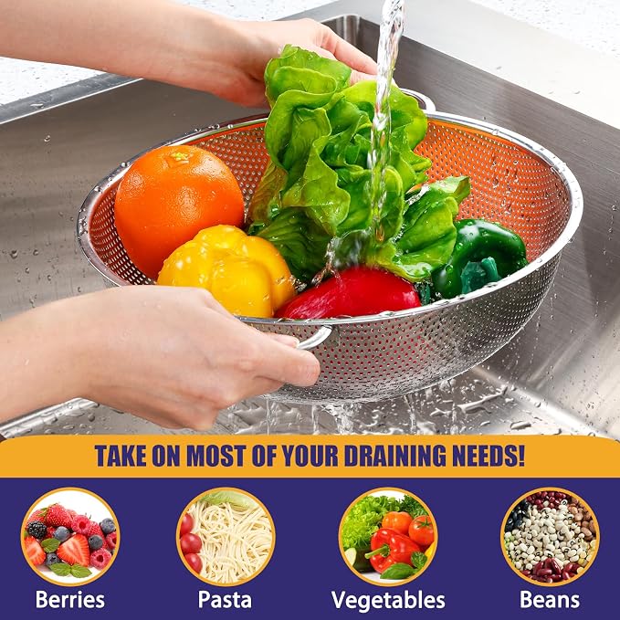 E-far 3QT & 5QT Colander Set of 2, Stainless Steel Micro-Perforated Colander Strainer with Handle for Kitchen/Draining Pasta/Rinsing Vegetables Fruits, Heavy Duty Metal & Dishwasher Safe