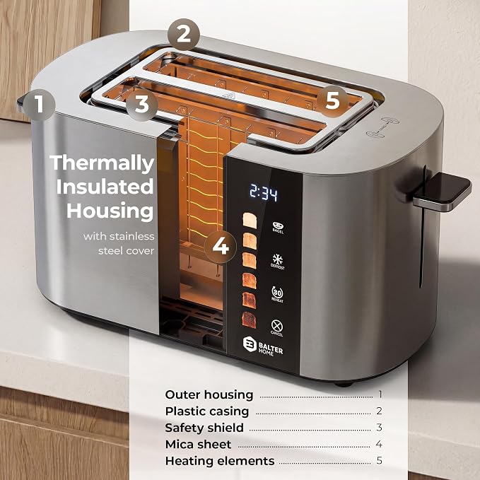 Balter Toaster 2 Slice, Bagel Function, Stainless Steel, Touch Screen, Built-in Rack, Extra-Wide 1.5" Slots for Thick Breads & Bagel, Timer, BPA-Free, Removable Tray