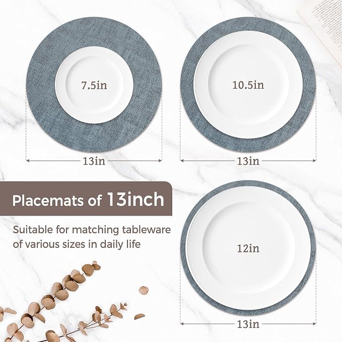 13" Round Placemats Set of 8, Reversible Faux Leather Wipeable Table Mats | 2mm Vinyl Heat Resistant, Waterproof Oilproof Scratch Proof Non-Slip, Washable for Kitchen Dining Indoor Outdoor (Light Blue)
