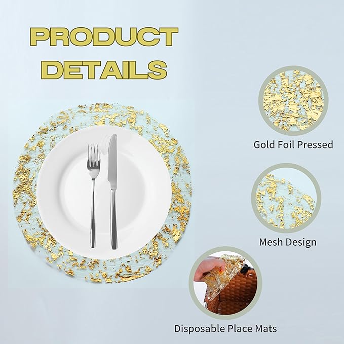 Snowkingdom 100 Pack Gold Disposable Placemats Foil Mesh 13 Inch Round Pressed Fall Table Mates 100 Set of Gold Doilies for Dining Table Wedding Birthday Party Holiday Home Decoration