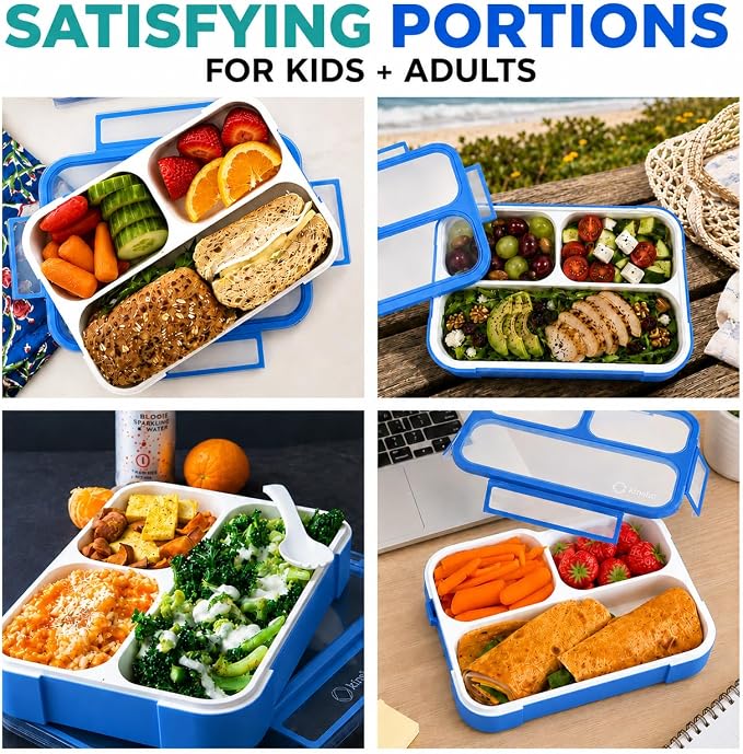 Bento Lunch Box Kids & Adults, Lunch and Snack Containers for Boys & Girls with 3 Compartments - School, Work Daycare, Meal Planning Portion Control Container, BPA-Free Boxes, Utensils, Blue 1 pack