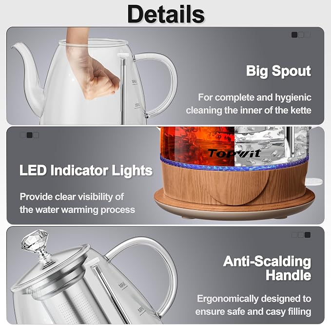 Topwit 1L Glass Electric Kettle, Gooseneck Electric Tea Kettle, BPA-free | Removable Stainless Steel Tea Infuser, Auto-Shut Off, Boil-Dry Protection, Dual-Purpose For Hot Water, Tea & Coffee, Wood
