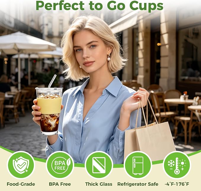 Birity 16oz Glass Cup with Lid and Glass Straw,Set of 2 Thickened Glass Coffee Tumblers with Silicone Sleeve,Reusable Iced Coffee Cups for Smoothie、Soda Water、Juice、MilkSshake、Travel Cup