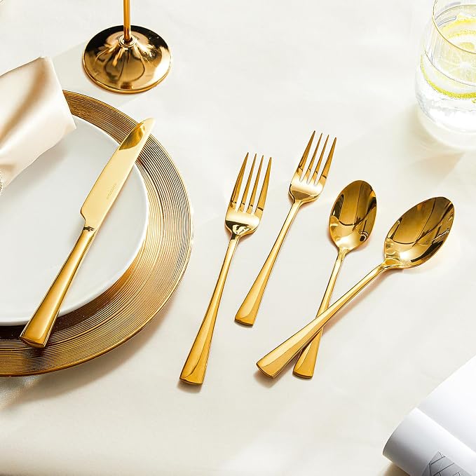 18/10 Flatware set for 8, 40 Piece Gold Stainless Steel Silverware Set | KINGSTONE Forged Flatware Cutlery Set, Mirror Polished Knives Fork and Spoon Utensils, Dishwaher Safe for Home Wedding Party