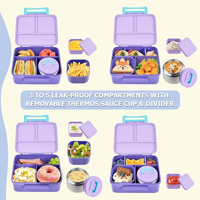 Bento Lunch Box for Kids with Thermo, Leakproof Bento Box with 8oz Insulated Food Jar, Insulated Bottle, Lunch Bag, BPA Free Dishwasher Safe 4 Compartment Container for School Girls Boys (Purple)