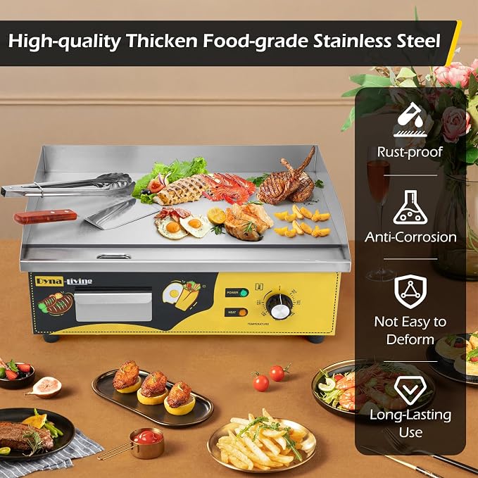 Dyna-Living Commercial Electric Griddle 22'' Stainless Steel Flat Top Grill | 3000W Countertop Flat Top Griddle Indoor Teppanyaki Grill for Restaurant, Non-Stick, Easy to Clean, 122℉-572℉ Temp Adjustable