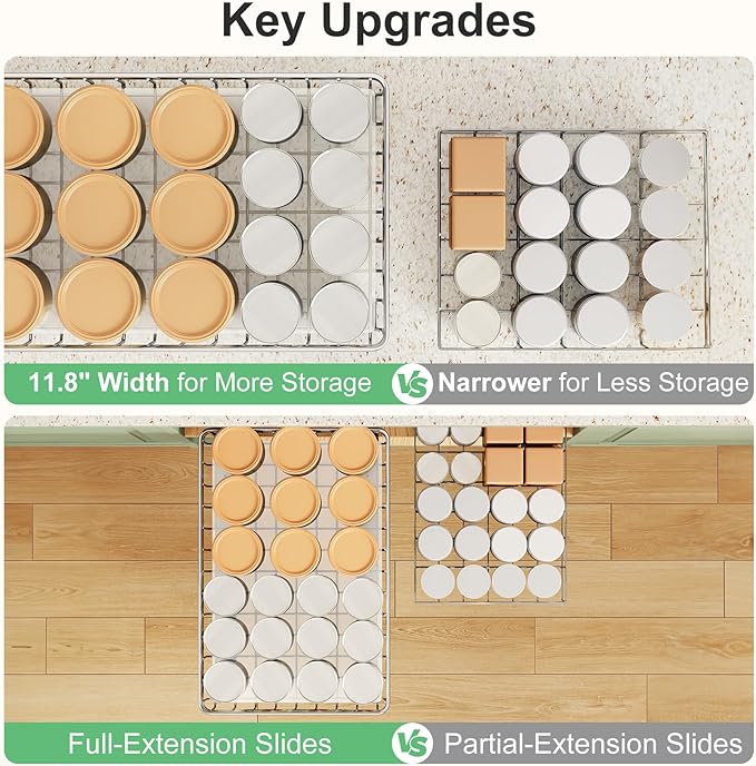 Stainless Steel Pull Out Cabinet Organizer(11.8"W x 16.5"D x 4.7"H)-1 Pack, Minimalist Design Frame, Full-Extension Slide Rails, Easy Installation for Pantry Organizers or Kitchen Cabinet Organizer