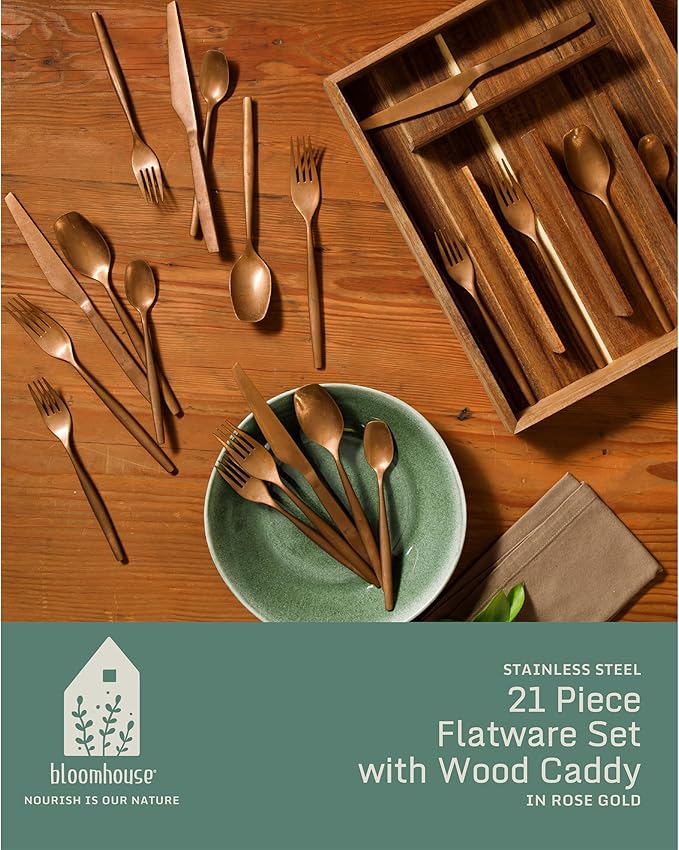 Two Time Oprah's Favorite Things Winner - 20 Piece Stone Washed Rose Gold Flatware 18/10 Stainless Steel Silverware Cutlery Utensil Set With Acacia Wood Caddy - Service for 4