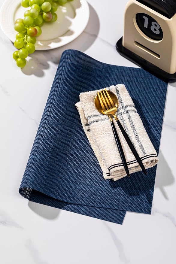 LEXMORE Placemats Set of 4 Vinyl/Plastic Woven Place Mats for Kitchen Table Indoor/Outdoor Washable Placemat Wipeable Dining Table Mats(Navy Blue)