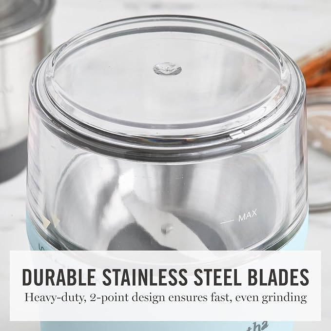 Martha Stewart Electric Coffee & Spice Grinder with Dual Bowls, Sky Blue | Dual 2.5oz Removable Bowls for Coffee Beans, Nuts, Herbs & Spices, Stainless Steel Blade, One-Touch Pulse Control, Easy Clean