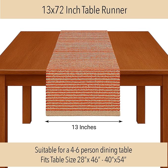 Natural Jute Table Runner 13x72 Inch – Vintage Boho Rustic Table Decor – Handwoven Table Runner in Natural Jute and Rust Orange – Farmhouse Dining or Console Table Accent