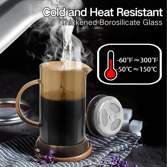 YMMIND 34 Ounce French Press Coffee Maker, 5-Cup Espresso Coffee Maker, Grey Cold Brew Heat Resistant Thickened Borosilicate Coffee Pot with 4 Stainless Steel Filter Screens