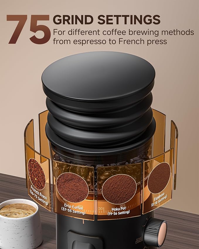 AMZCHEF 75-Setting Single Dose Coffee Grinder, 40mm Burr, <0.2g Retention | Anti-Static, Quiet DC Motor, 5-60s Timer, Magnetic Outlet, Vacuum Storage, LED Light, Espresso, Pour-Over & French Press