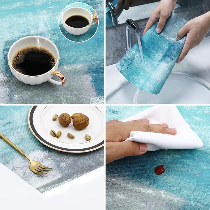SHACOS Small Round Table Placemats Set of 5 Woven Vinyl Wedge Placemats with Centerpiece Round Table Mats Wipe Clean, Turquoise Grey Abstract Painting
