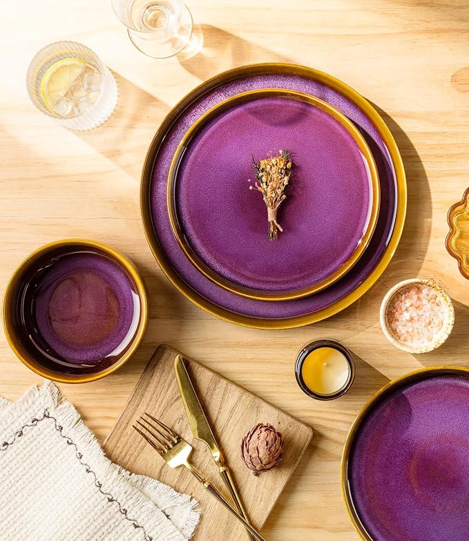 Ceramic Dinnerware Set for 6, 18-Piece Plates and Bowls Set | Handmade Reactive Glaze Dish Set, Scratch Resistant, Oven & Microwave & Dishwasher Safe, Amber Amethyst