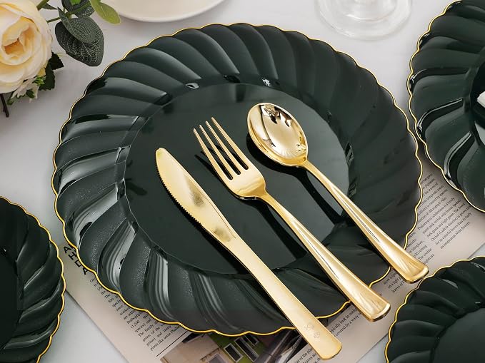 YOUBET 150PCS Emerald Green Plastic Plates for Party Wedding | Green and Gold Disposable Dinnerware Include 50 Plates, 25 Knives, 25 Forks, 25 Spoons, 25 Napkins Ideal
