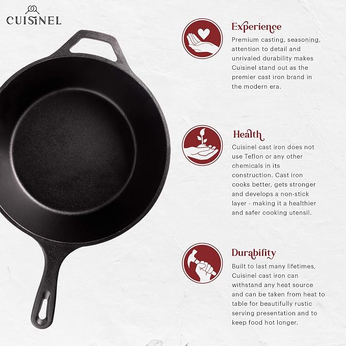 Cuisinel Cast Iron Skillet + Lid - 2-In-1 Multi Cooker - Deep Pot + Frying Pan - 3-Qt Dutch Oven - Pre-Seasoned Oven Cookware - Works for Bread, Indoor/Outdoor, Grill, Stovetop and Induction