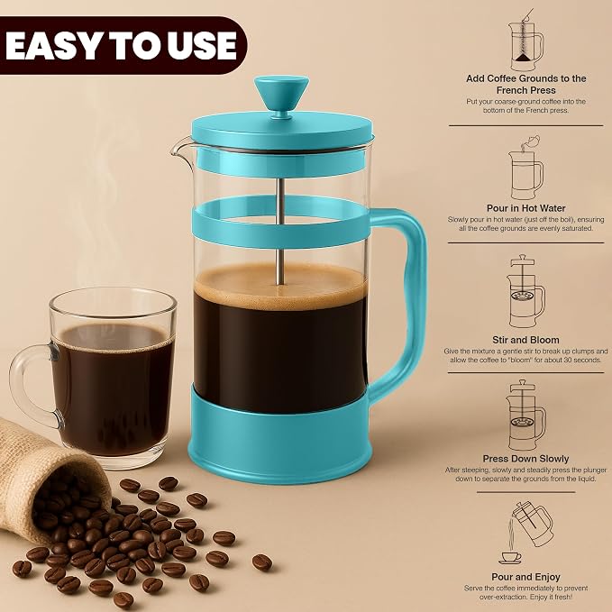 Utopia Kitchen Borosilicate Glass French Press Coffee Maker 34 Oz, Aqua | Heat-Resistant Cafetiere & Tea Maker, Thickened Glass Coffee Press for Travel and Camping
