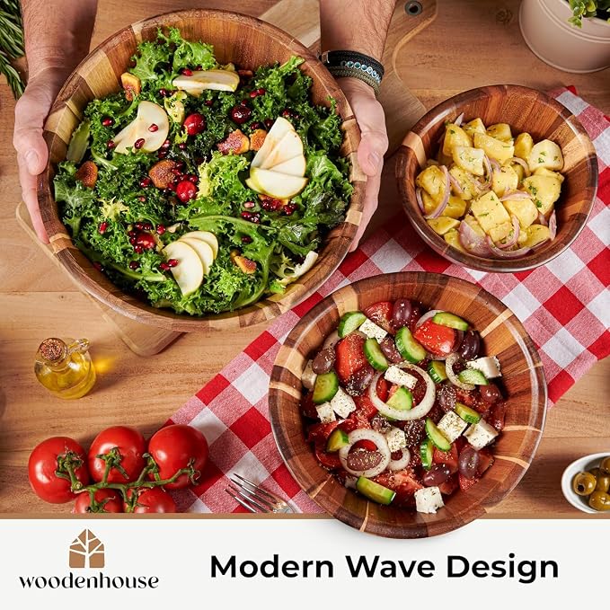 Wooden Salad Bowl Set of 3, Wavy Wood Bowls for Serving | Large, Medium & Small – Handmade, Durable & Stylish Natural Dining Accessory