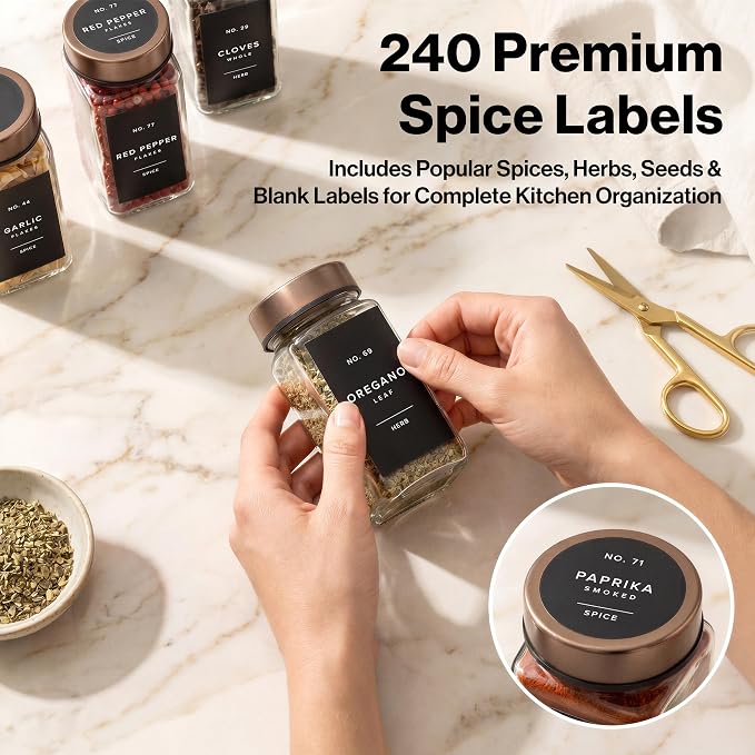 Glass Spice Jars with Label, 24x Champagne Bronze Steel Lids | Airtight Lids keep spices fresh, Kitchen Spice Drawer Organizer, 4oz Seasoning Containers incl. Funnel, Brush & 240 Labels