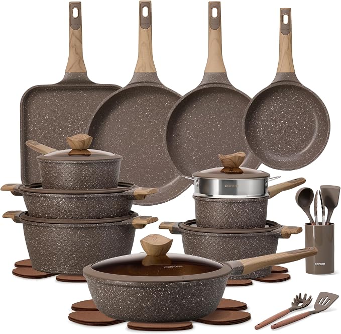 CAROTE 31pcs Nonstick Pots and Pans Set, Cookware Sets with Square Pan | Durable, Special Textured Surface, Easy Food Release, Even Heating, Induction Compatible, with Frying Pans Set & Braiser