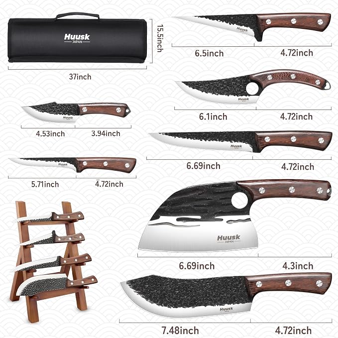 Huusk Butcher Knife Set with Roll Bag - 10PCS for Meat Processing Men Gift | High Carbon Steel, Ergonomic Ebony Grip, Viking Serbian Chef Meat Cleaver for BBQ Kitchen Outdoor Camping, Men Birthday Gift