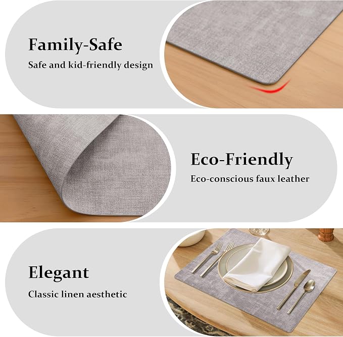 FROMHEART Faux Leather PU Placemats Set of 6 (Light Grey,11.8" x 17") | Waterproof,Heat/Oil Stain-Resistant Table Mat–Reversible,Non-Slip,Easy to Clean Place Mats for Kitchen,Dining,Indoor/Outdoor